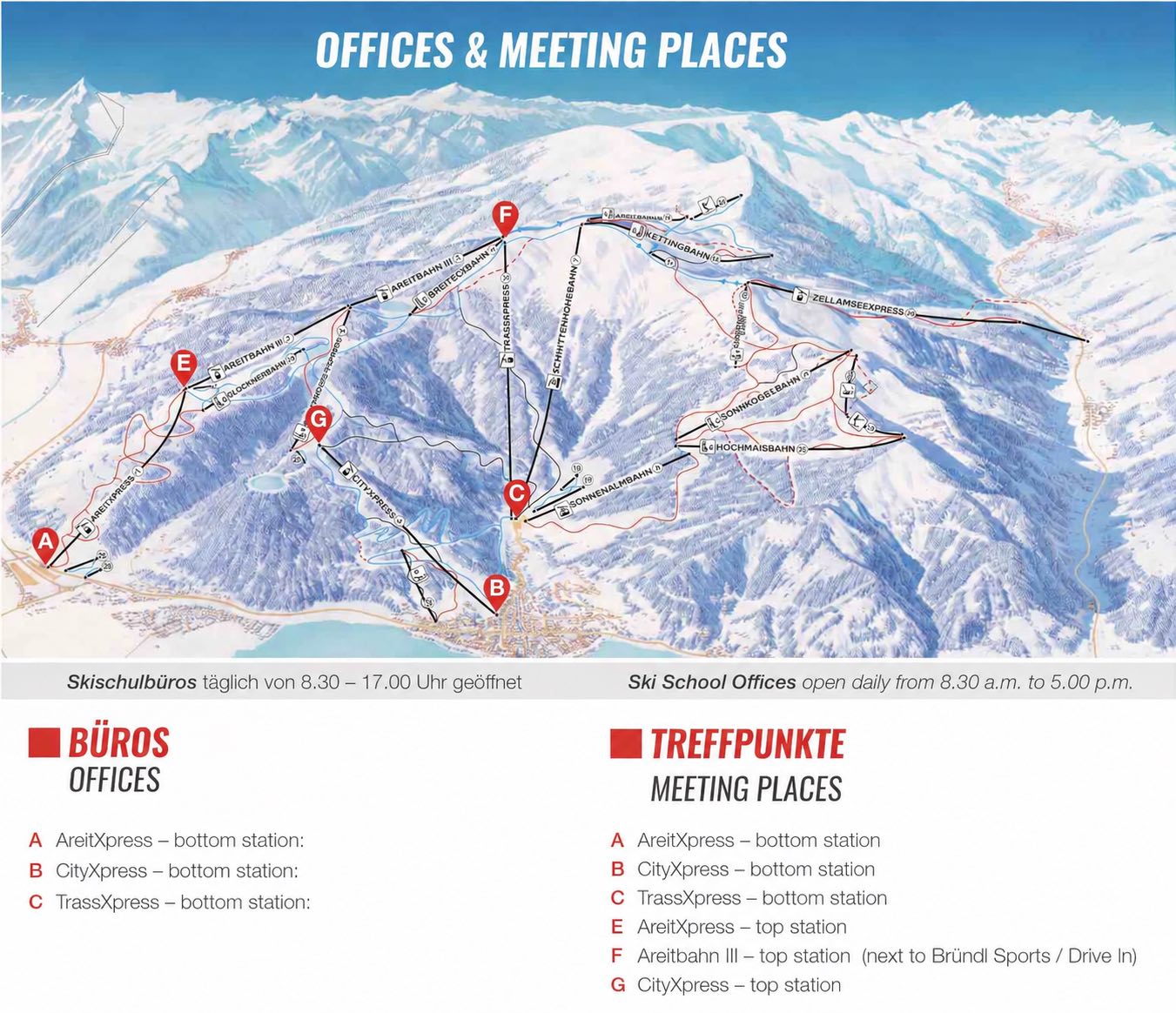 Übersichtsplan der Skischulbüros und Treffpunkte A, B und C