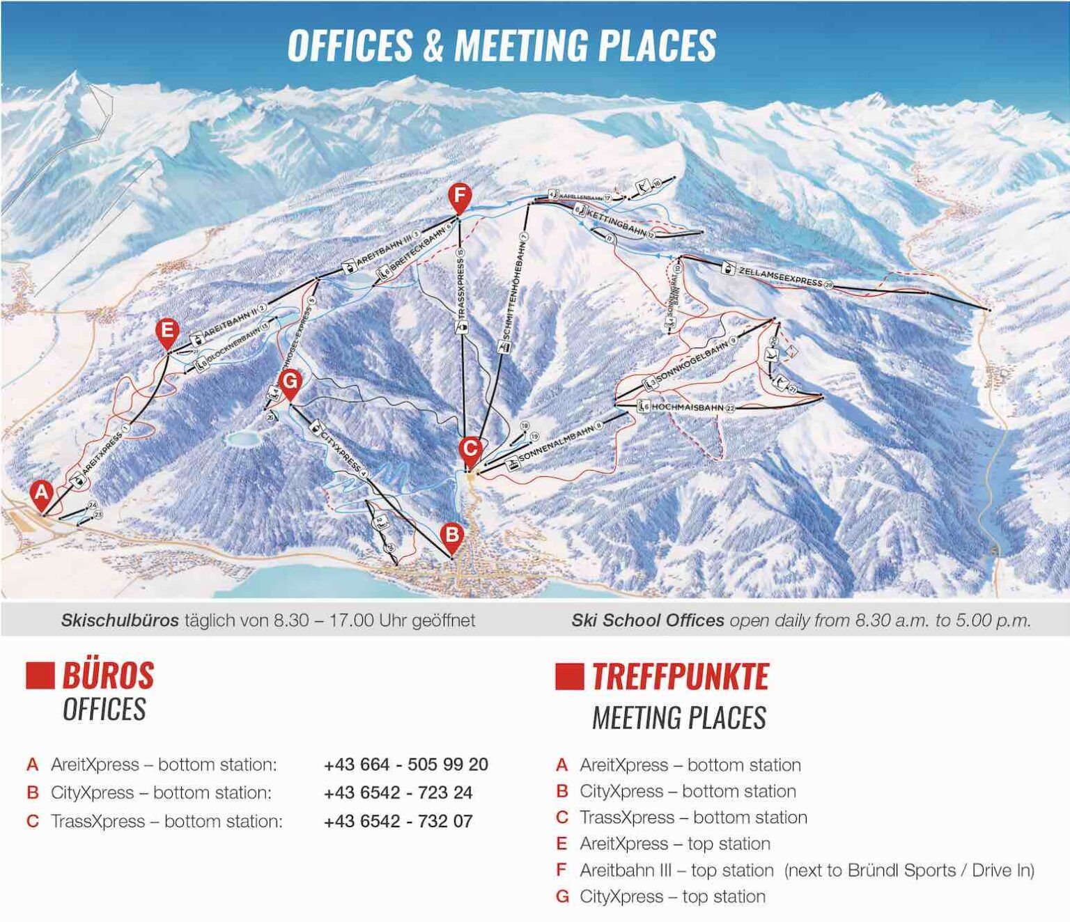 Treffpunkte_Skischool_Zell am See, Übersicht der Skischulbüros in Zell am See