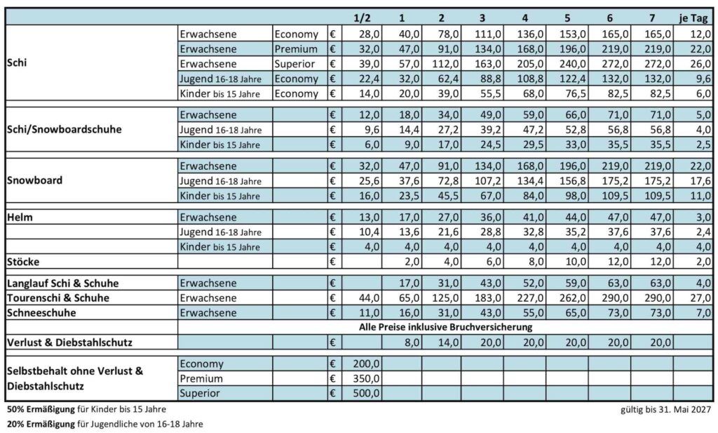 Preise Skiverleih 2026-27